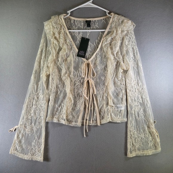 wild fable Sweaters - Wild Fable Ivory Sheer Floral Lace Tie Front Ruffle Cardigan Top M Poetcore NWT